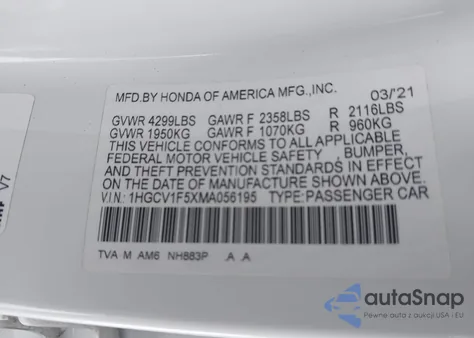 2021 Honda Accord Ex-L z USA, uszkodzony, nr VIN 1HGCV1F5XMA056195